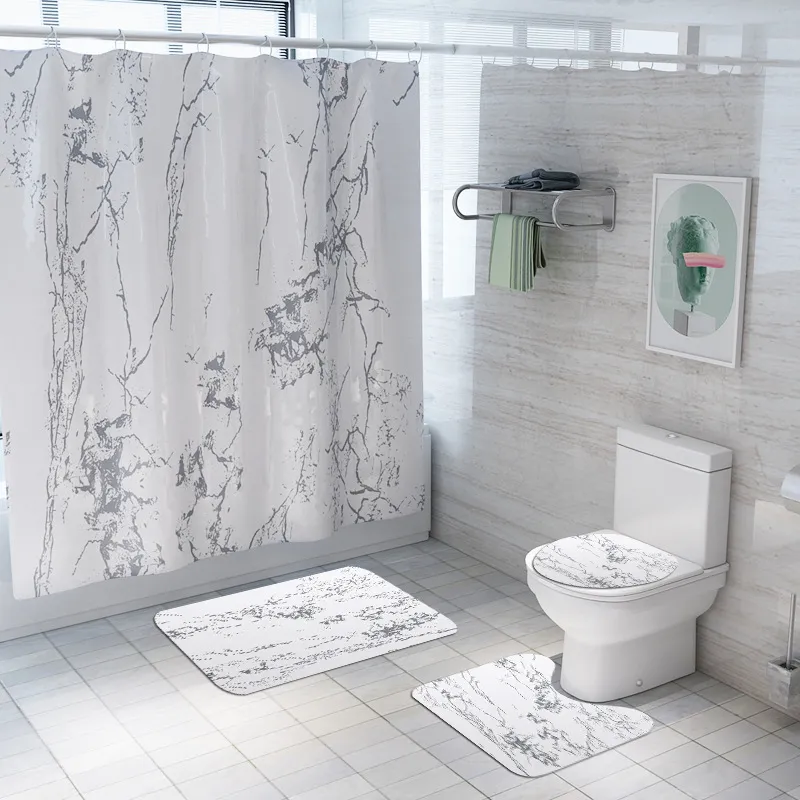 Set Creative Marble Impresión de mármol Cortina de ducha impermeable Alfombra alfombra de tapa de la tapa del baño Set227w