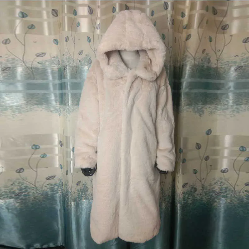 Cappotto di pelliccia di coniglio finto di alta qualità delle donne di inverno di lusso lungo risvolto allentato sopra spesso caldo Plus Size peluche femminile s 210917
