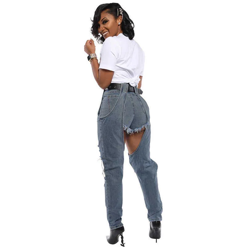 Sexy vernietigd gat denim jeans voor vrouwen hoge taille spliced ​​ripped plus size streetwear mujer skinny volledige lengte 210708