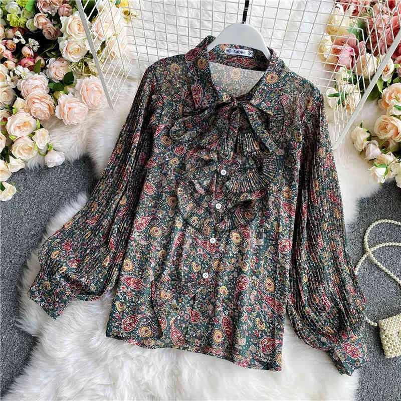 Spring and Autumn Style Pleated Ruffled Slim Fit Retro Print Chiffon Shirt Loose Fashion Temperament Blouse Women UK228 210507