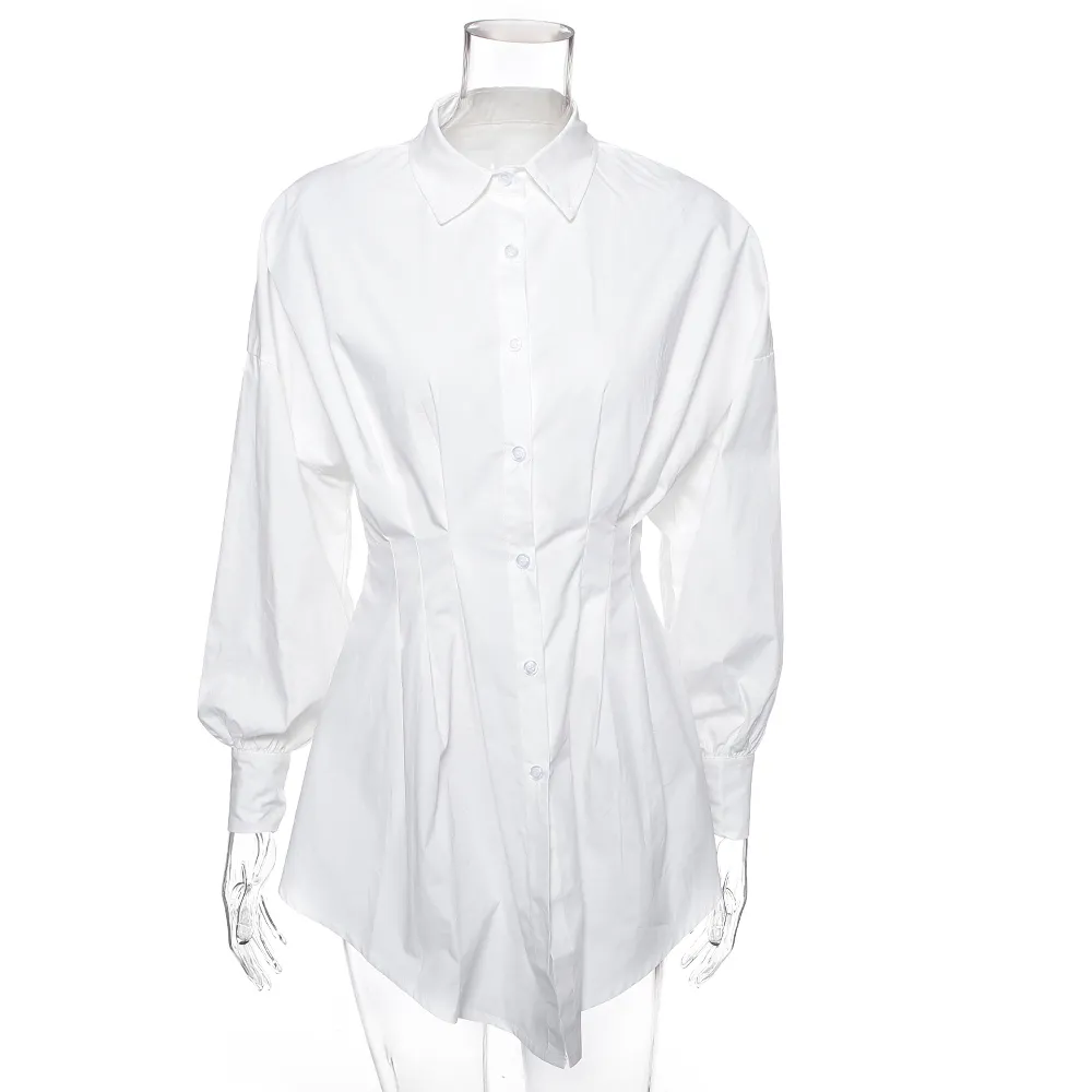sexy club party shirt dress donna vintage manica lanterna bianco corto mini abito pulsante moda abito pieghettato abiti 210415