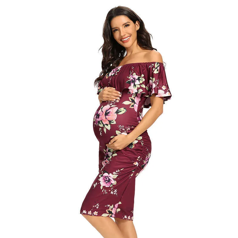 Damen Umstandskleid mit Blumenrüsche, schulterfrei, ärmellos, Schwangerschaftskleidung, elegant, figurbetont, für Babyparty, Y0924