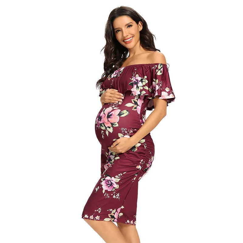 Damska Kwiatowa Wzburzyć Off Ramię Maternity Dress Bez Rękawów Ciąża Odzież Elegancka Dostosowana Bodycon Sukienka dla Baby Shower Y0924