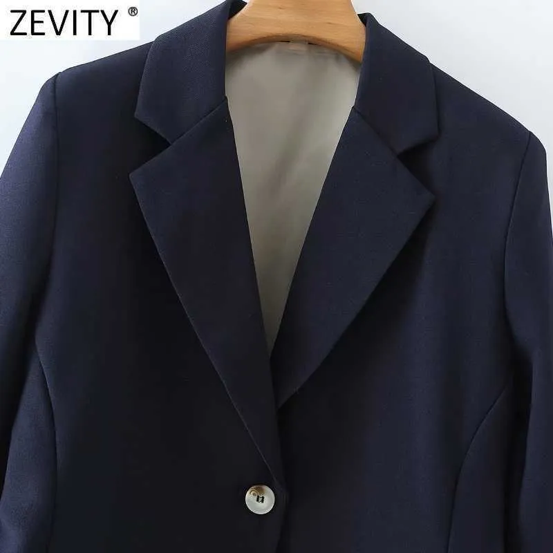 Zevity Moda donna Bottone singolo Blu navy Blazer aderente Cappotto Ufficio manica lunga Business Femme Capispalla Chic Top CT687 210603