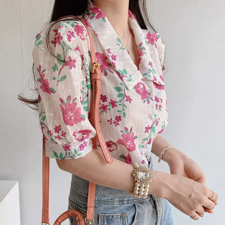 Corée Chic été simple boutonnage brodé creux fleuri chemise à manches courtes Blouse femmes 210529