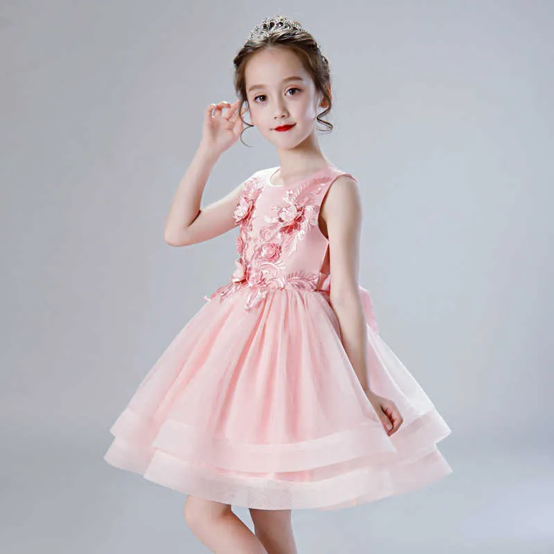 Costume da principessa elegante bambini ragazze da matrimonio Abito da tutu ricamato con bellissimi fiori Vestido Elder Champagne 210529