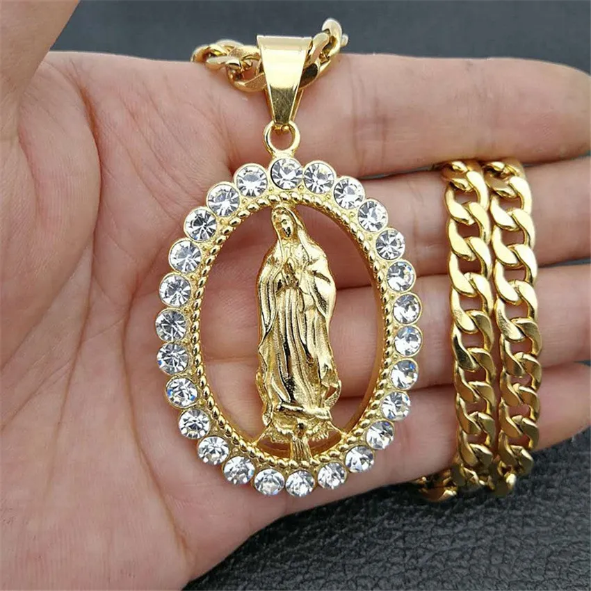 Pendenti delle collane della Vergine Maria ghiacciate Hip Hop Catena in acciaio inossidabile color oro donna Gioielli cristiani Madonna XL1145
