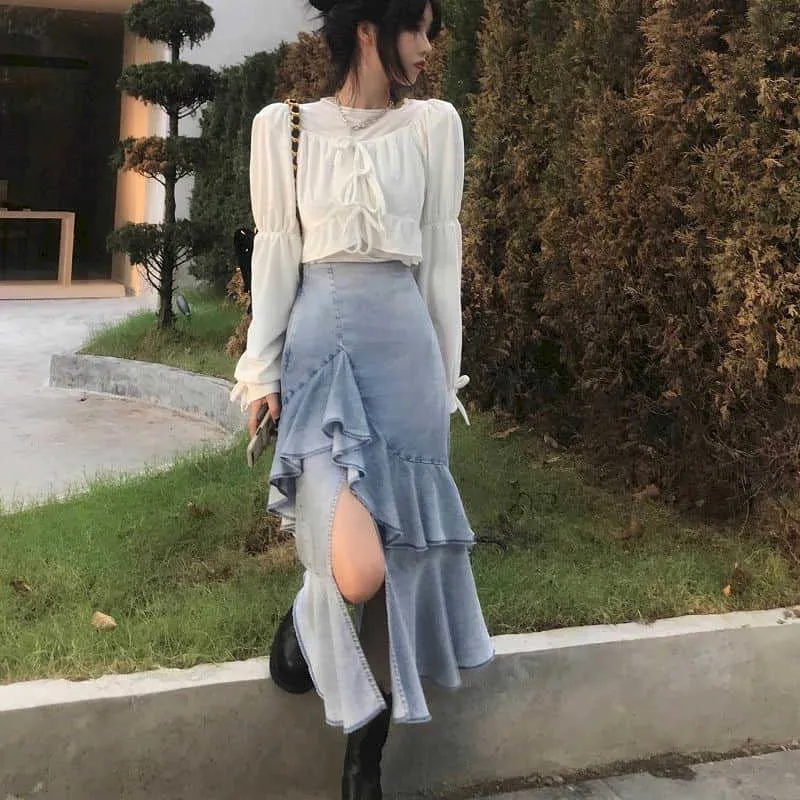 Fırfır Asimetri Etek Sonbahar Takım Elbise Kadın Kore Moda Kravat Uzun Kollu Gömlek + Denim Batı Iki-piece 210526
