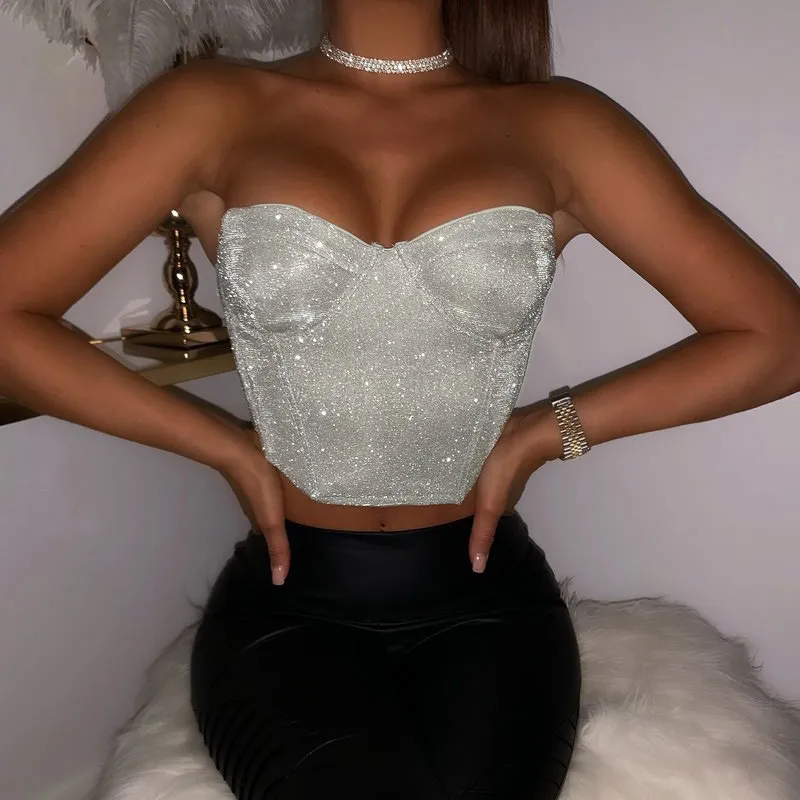 OMSJ Donna Glitter Sexy High Streetwear Crop Top Estate Rosa / Nero Bling Paillettes Tube Top Donna Night Party Abiti 210517