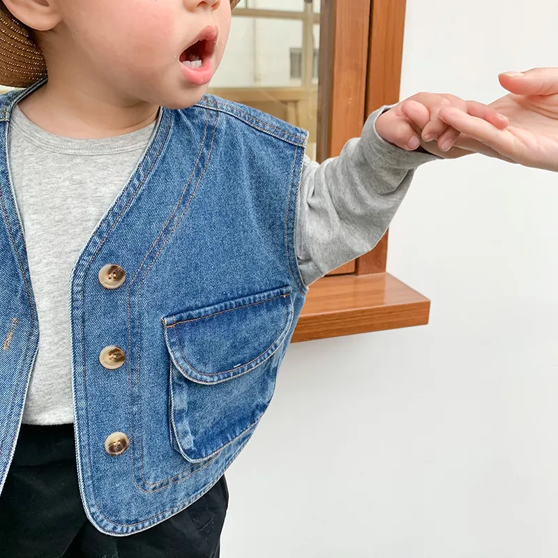 1-6 T Bebek Denim Yelek İlkbahar Sonbahar Erkek Kız Bebeğim Denim Ceket Giyim Toddler Giyim Giysileri Çocuklar Tops 210413