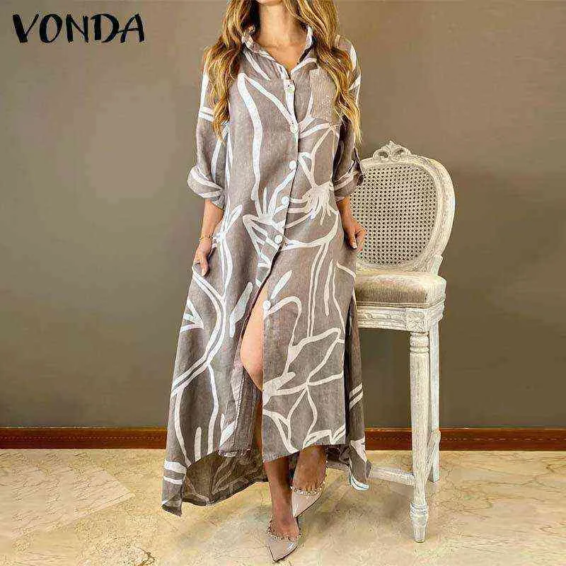 Spring Women Dress 2021 VONDA Casual Loose Long Sleeve Lapel Party Shirt Vestidos Holiday Vintage Printed Long Dress Femme Robe Y1204