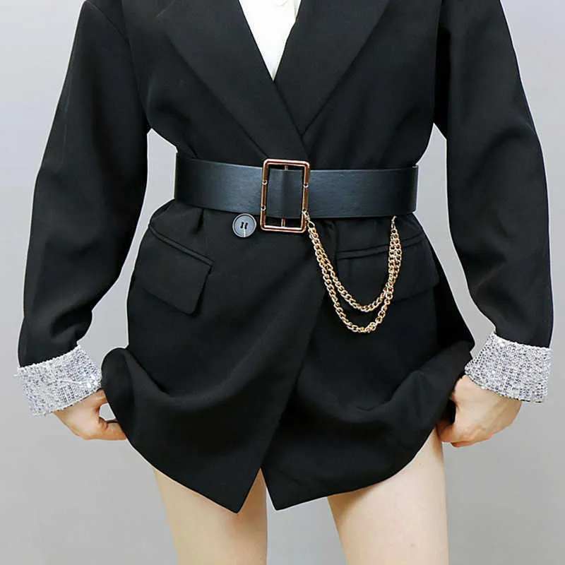 New Design No Pin Rectangle Buckle Belts For Women Black Wide Waist Strape Punk Gold Chain Tassel Decorate Coat Jeans Dress Girl G1026