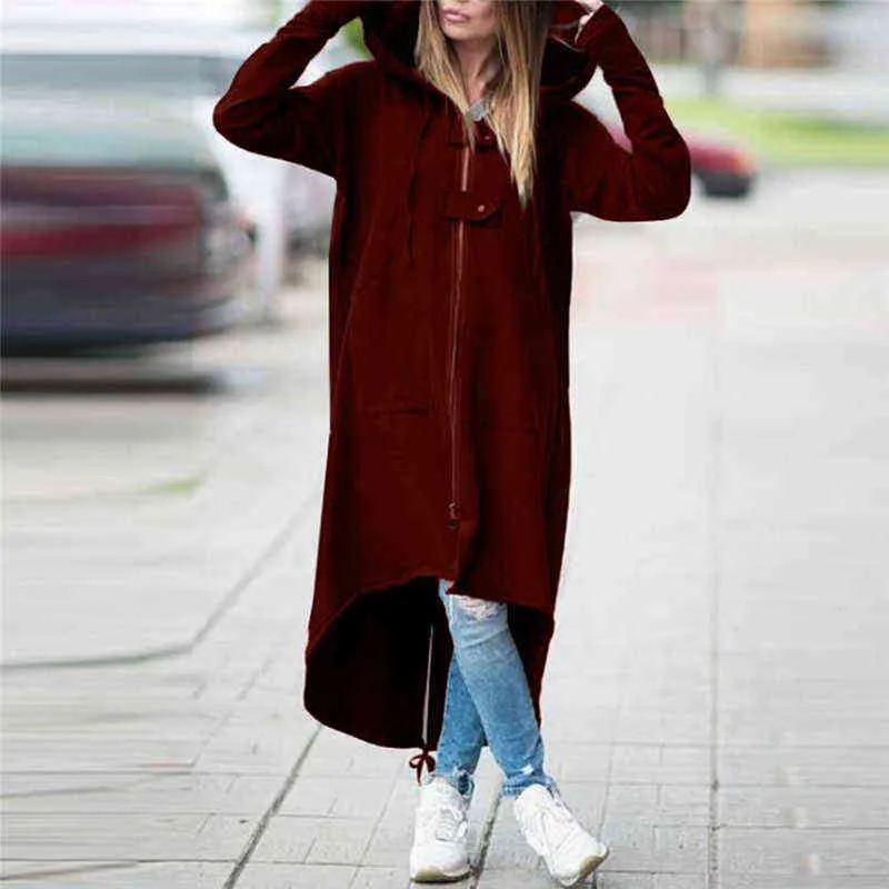 Весеннее длинное стильное женское пальто на молнии, толстовка с капюшоном, куртка на молнии, топы, флисовая толстовка с капюшоном, личность, Street S 211222