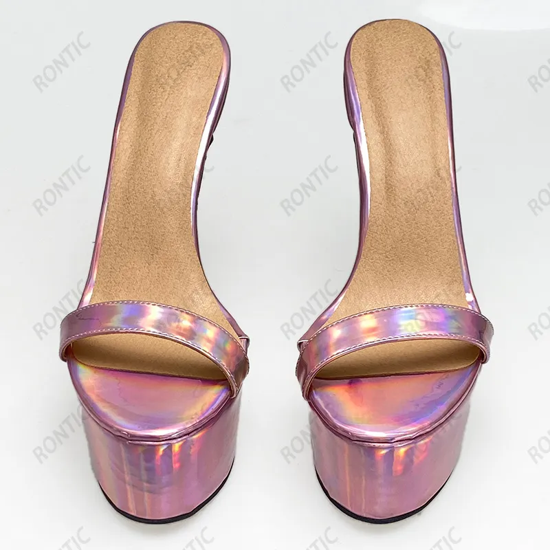 Rontic Handwork Mulheres Plataforma Mules Sandálias Patente Sexy Stiletto Saltos Aberto Toe Colorido Prata Night Club Shoes Tamanho 5-20