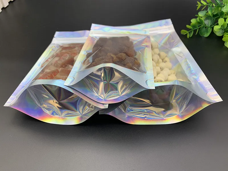 Liten till stora storlekar Hologram Holografiska Självtätningspåsar Raibow Clear Standup Pouch Resealable Plastic Retail Lock Packaging Bags Zipper Mylar Bag Package