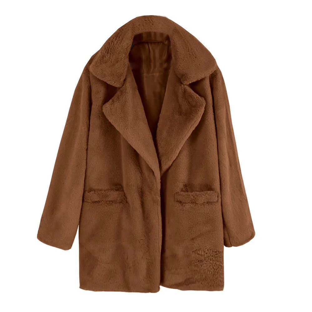 冬のフェイクの毛皮のコートの女性エレガントな堅いターンダウンカラーぬいぐるみジャケットボタンポケット緩い暖かい偽の女性カジュアル210526