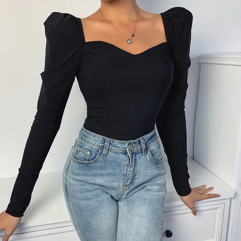 Höstskjortor Elegant Top Vintage Puff Sleeve Women Blouse Square Neck Slim Crop Blouse Women Ladies Office Blous Casual Toppar 210422