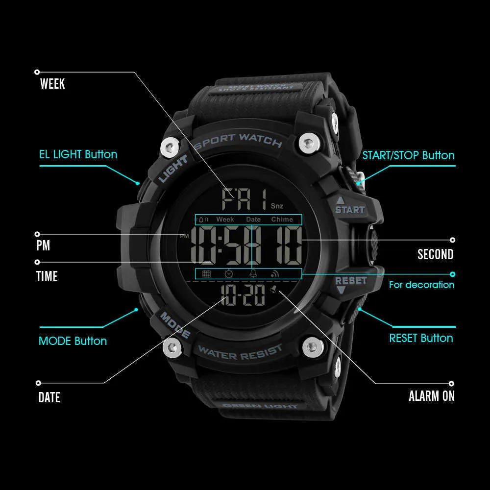 Skmei 5bar Waterproof 2 Time Sport Watch Stopwatch Count Down Mens Digital Watches Soft Clock för Male Reloj Hombre 1384 G1022299S
