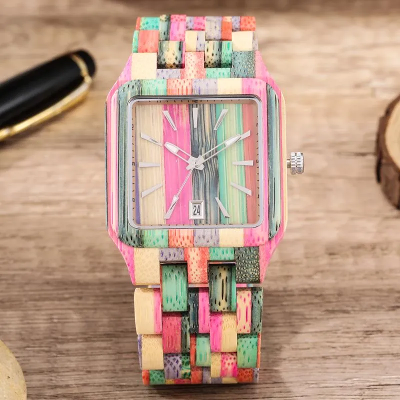 손목 시계 화려한 정사각형 목재 시계 쿼츠 남성 여성 시계 캘린더 레트로 우드 선물로 미니멀리스트 다이얼 GRA258E