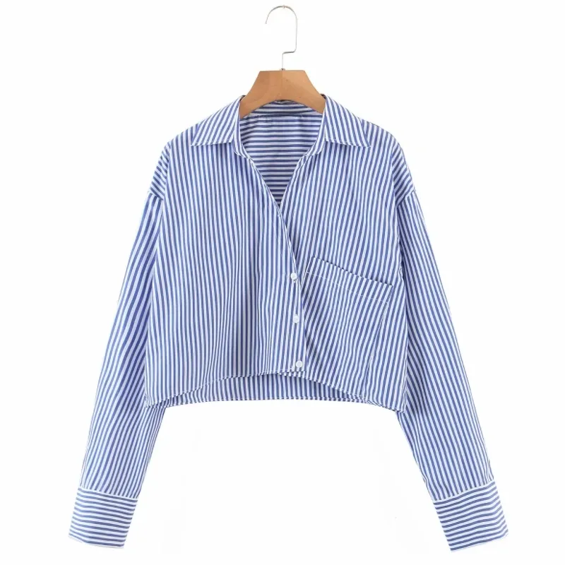 Fashion Women Striped Short Blouse Female Asymmetric Single Pocket Shirt Casual Lady Loose Tops Blusas S8712 210430