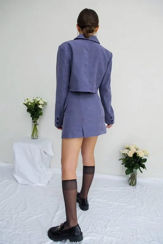 Vintage Sexy One Button Short Women Corduroy Blazer High Waist Irregular Cross Slit Mini Skirt Long Sleeve Suits Set 220302