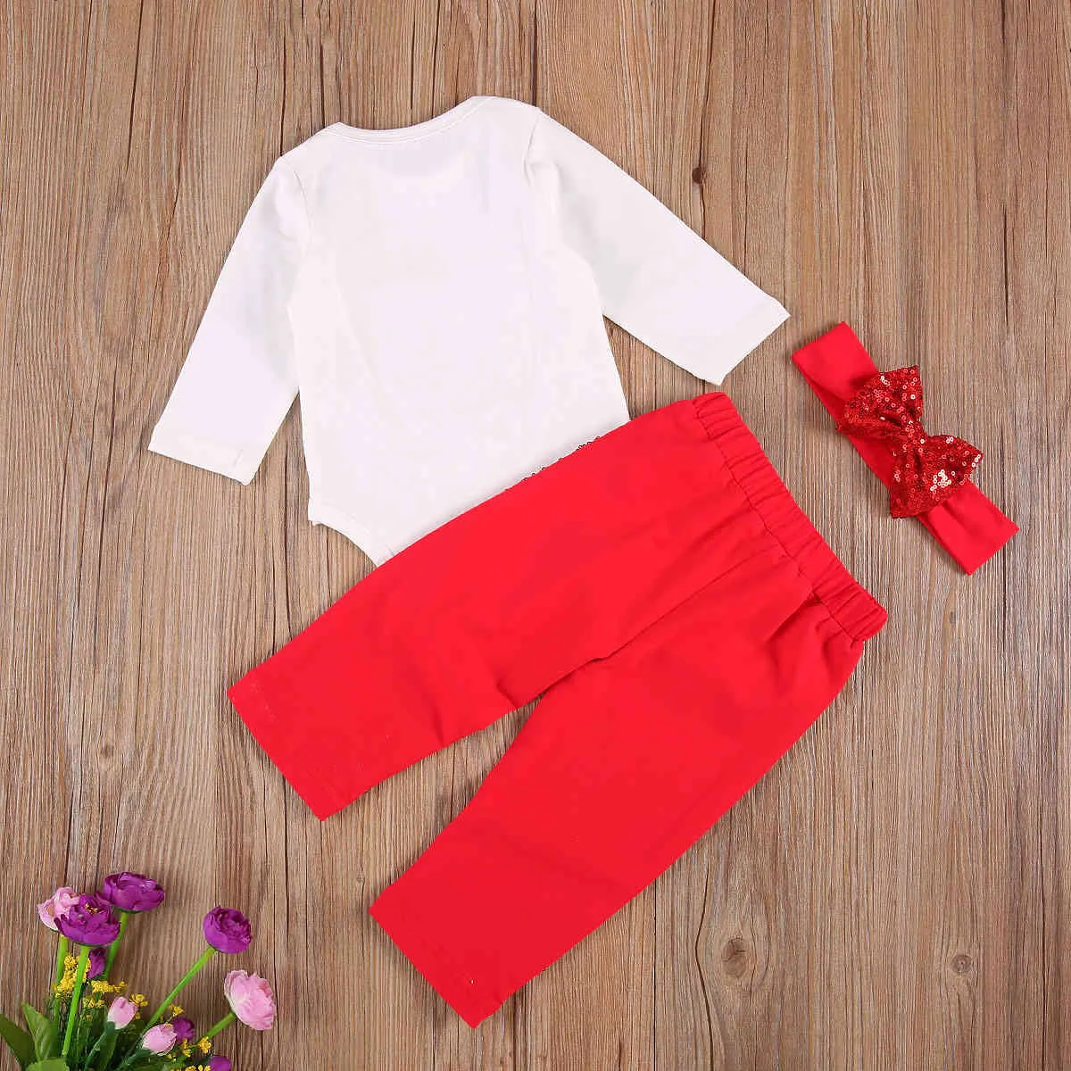 0-24m Jul Baby Tjej Kläder Set Brev Hjort Romper Röda Sequins Bow Byxor Outfits Xmas Kostymer 210515