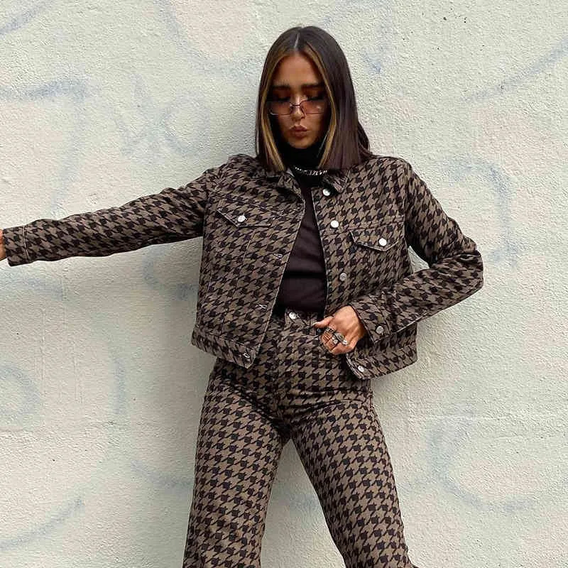 Outono e inverno moda y2k houndstooth xadrez vintage blazer ou calças conjunto de mulheres botão vire para baixo colarinho conjunto de sobretudo elegante 210419