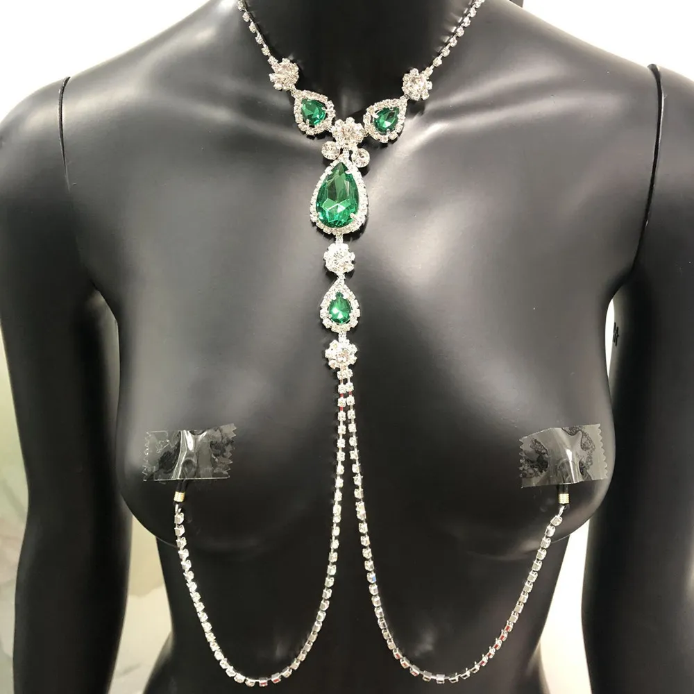 2020 Роскошные ювелирные изделия без пирсинга с зелеными стразами для женщин, сексуальное ожерелье-цепочка для сосков для взрослых5264463