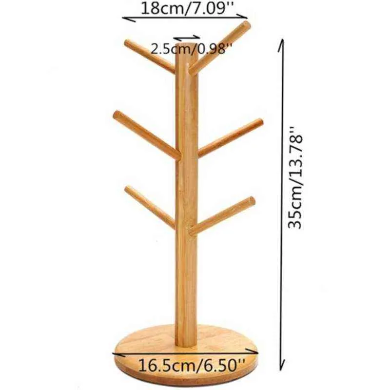 Tree Shape Wood Coffee Tea Cup Storage Holder Stand Home Kitchen Mug Hanging Display Rack Drinkware Shelf With 6 Hooks 211112