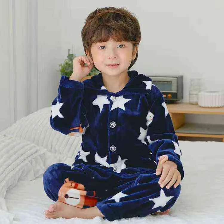 Automne Hiver Enfants Flanelle Revers Cardigan Pyjamas Bébé Épaissie Ados Grands Garçons Pyjamas De Noël pour Filles Garçon Enfant 211109