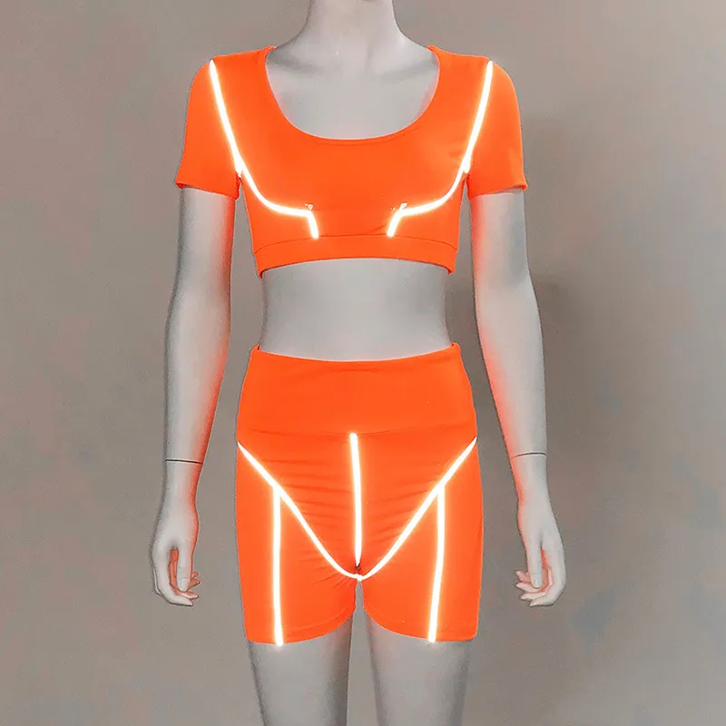 Neon Green Crop Top och Biker Shorts Sweat Suit Club Outfits DRC Reflekterande Striped Two Piece Set Women TrackSuit X0428