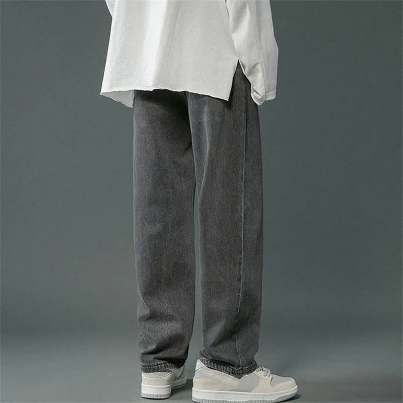 Streetwear workowane dżinsy mężczyźni plus size S-5xl moda luźna prosta szeroka nogi spodnie czarne jasnoniebieskie męskie odzież 220228