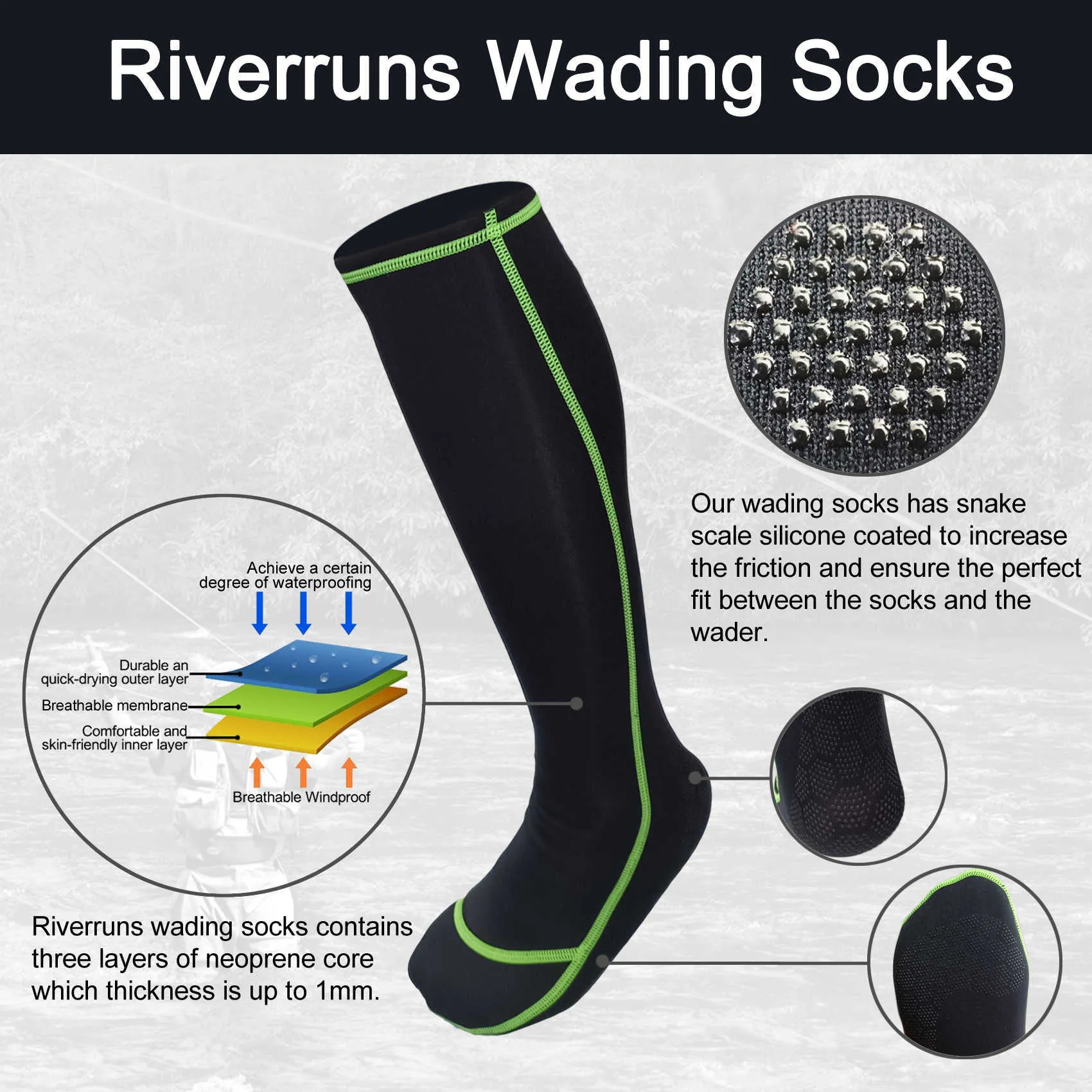 F Riverruns Chaussettes de wader sans friction, chaussettes de wader en néoprène pour hommes et femmes, pêche en plein air, surf, wakeboard. 210727