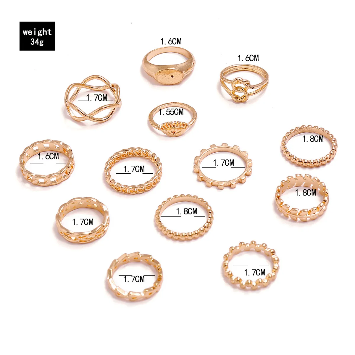 Conjuntos de anillos para mujer 13 unids/lote aro de moda personalidad geométrica tamaño libre Color dorado