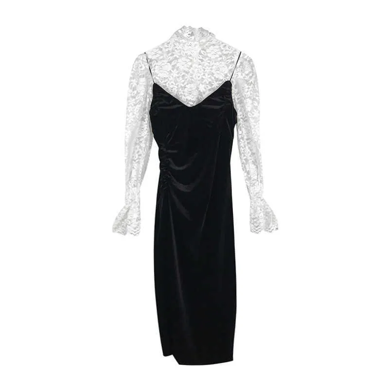 PERHAPS U Vintage Knee Length Black Sleeveless Dress + White Lace Blouse Long Flare Sleeve D2236 210529