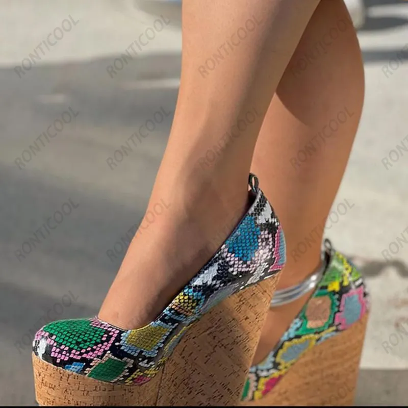 Rontic zapatos de plataforma hechos a mano para mujer, diseño de serpiente, cuñas cómodas, tacón, punta redonda, preciosos zapatos de fiesta verdes, talla grande de EE. UU. 5-20