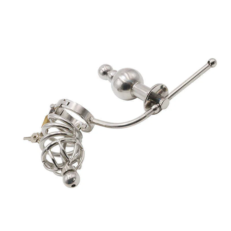 Male Anal plug with Cock Cage Device Stainless Steel Butt beads Penis Urethral Catheter Adult Sex Toys Belt P08272448518