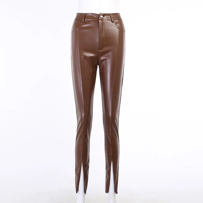 Femmes Faux Cuir Pantalon Casual Split Flare Pantalon Noir Taille Haute Skinny PU Zipper Dames Slim Crayon Pantalon Hiver 210517
