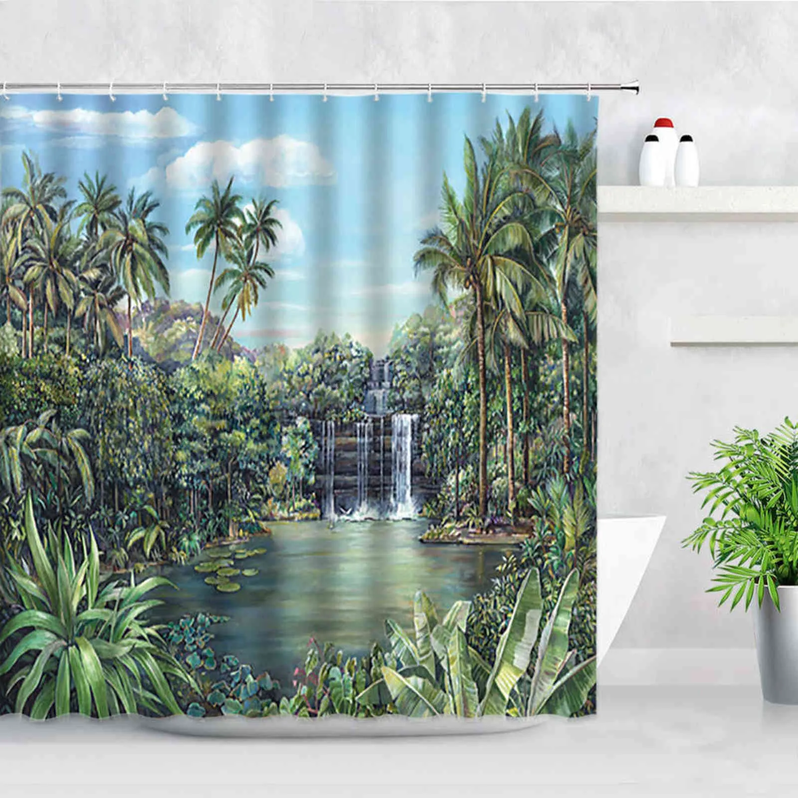 열 대 식물 풍경 샤워 커튼 세트 정글 폭포 팜 리프 코코넛 나무 인쇄 방수 천 화장실 장식 커튼 211116
