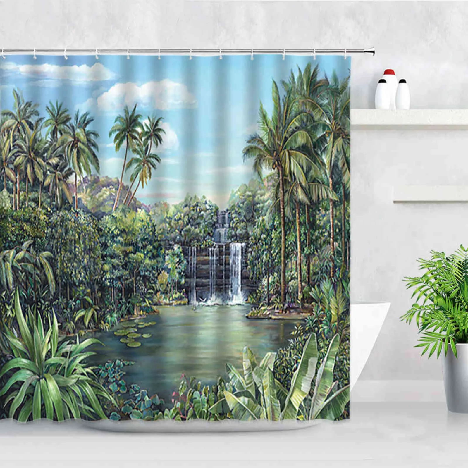 Tropical Plant Scenery Shower Curtain Set Jungle Waterfall Palm Leaf Coconut Tree Print Waterproof Cloth Bathroom Decor Curtains 211116