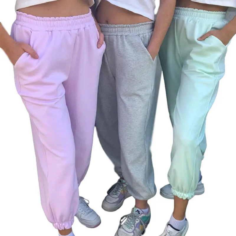 Pantalones bombachos para mujer, estilo callejero, de longitud completa, de Color sólido, cintura alta elástica, holgados, plisados, de poliéster, a la moda, 210522