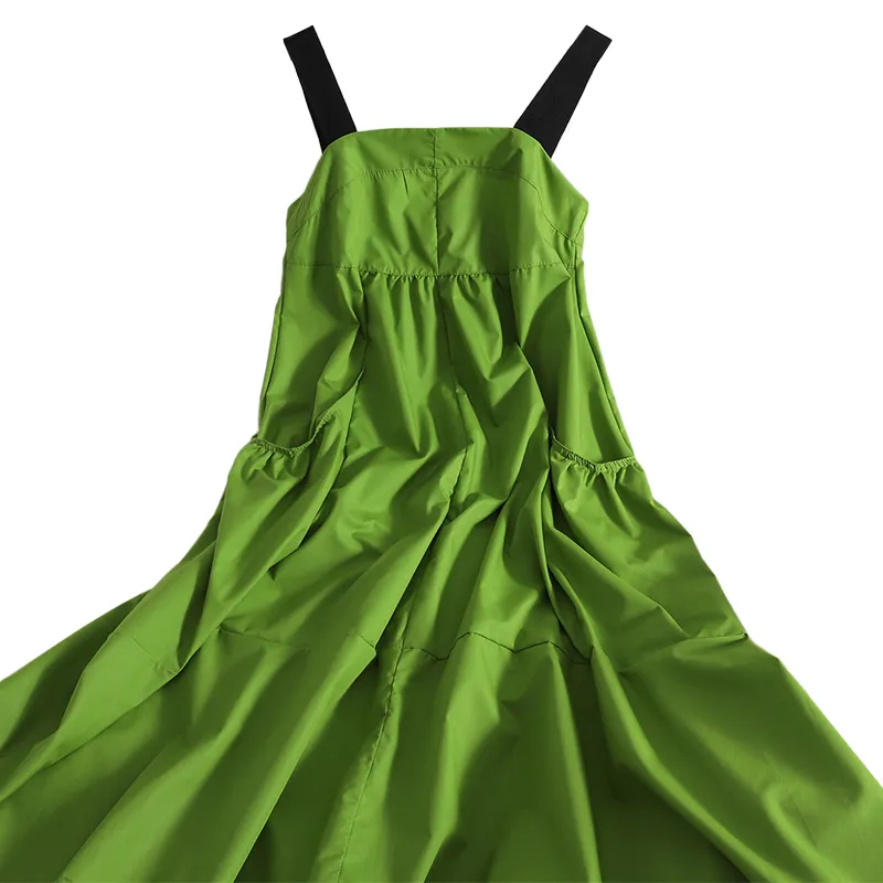 Kimutomo Robe à bretelles contrastée Femmes Retour Cravate Bow Vêtements Dames Vert Slim Sauvage Robe à volants Été 210521