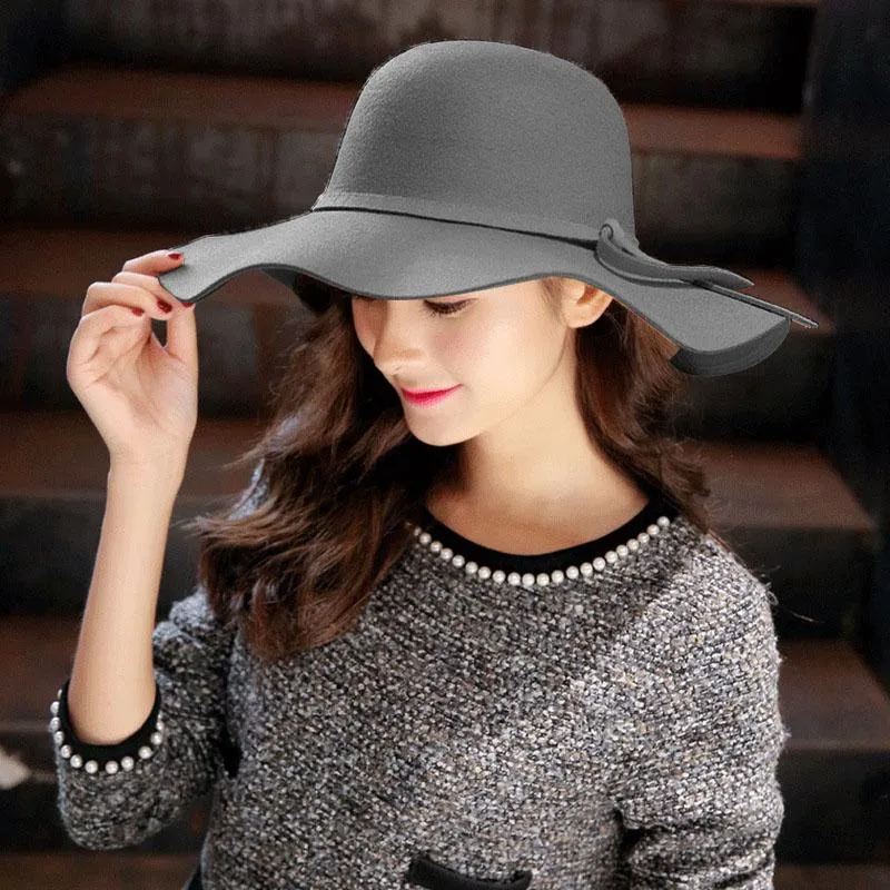 Soft Wool Women Hat Vintage Wide Brim Dom Hats Bowknot Ladies Floppy Felt Fedora Cap Stingy187T