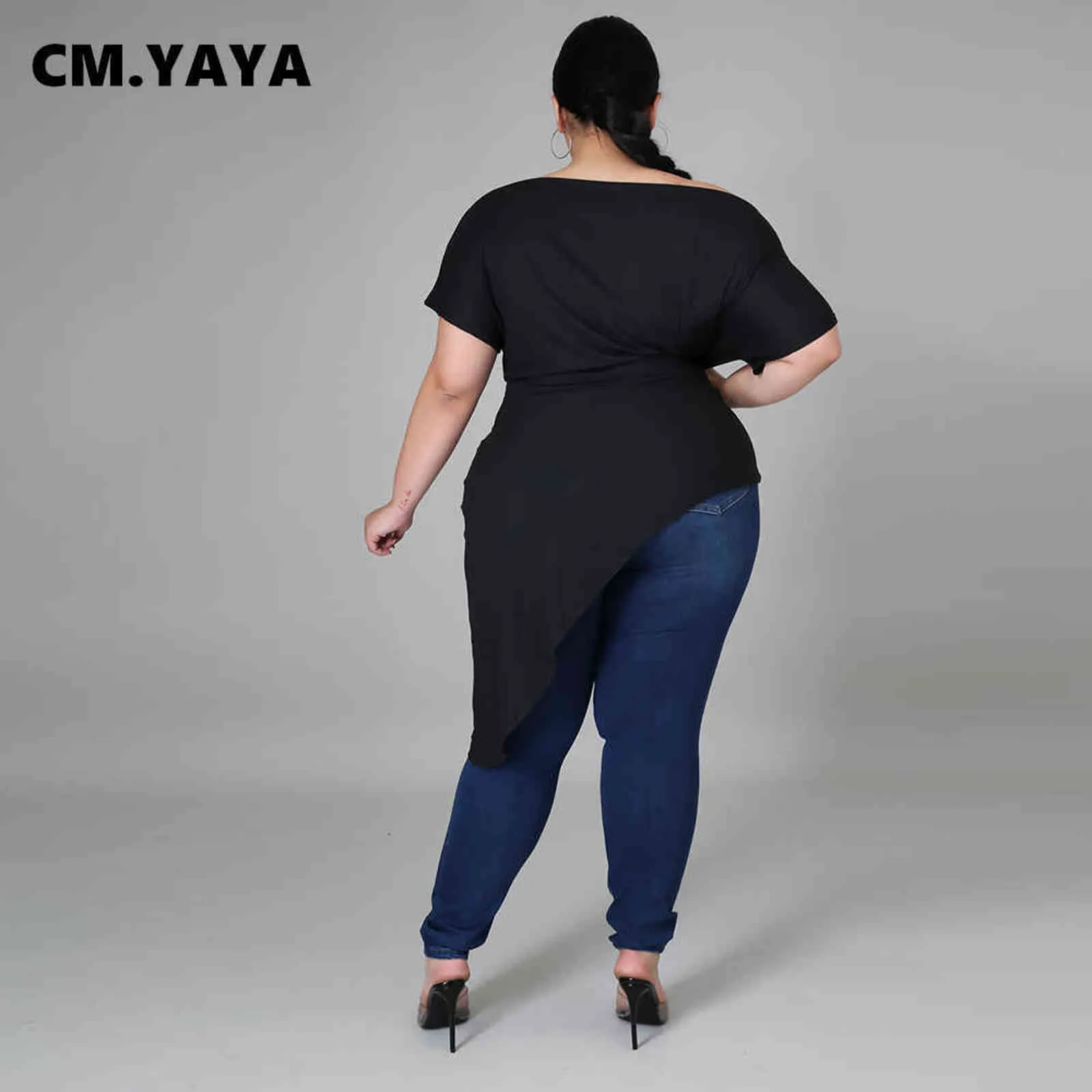 CM.YAYA Femmes T-shirts Plus La Taille L-5XL Solide Col Oblique À Manches Courtes Asymétrique Long T-shirts Femme Casual Street Top Tee 211116
