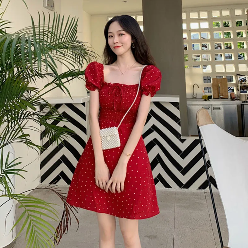 Dot Red Vestidos Koreanischen Stil Mode Sommer Frauen Kleid Puff Sleeve A-line Roben Mini Kleider 17112 210415