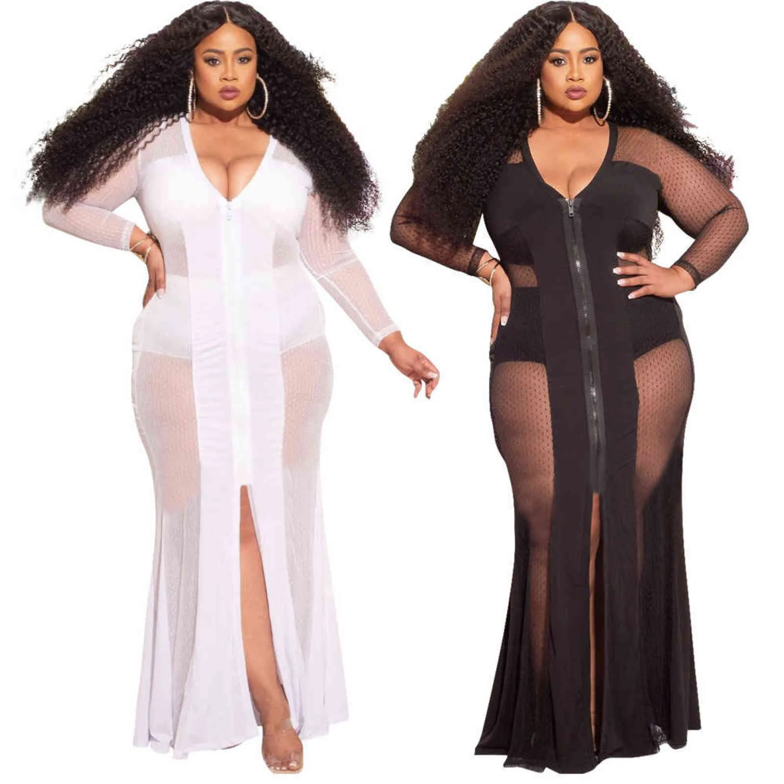 Sexy longue maille robe transparente femmes transparent manches longues col en V club maxi robes tenue de soirée transparente plus taille 5XL noir 211116