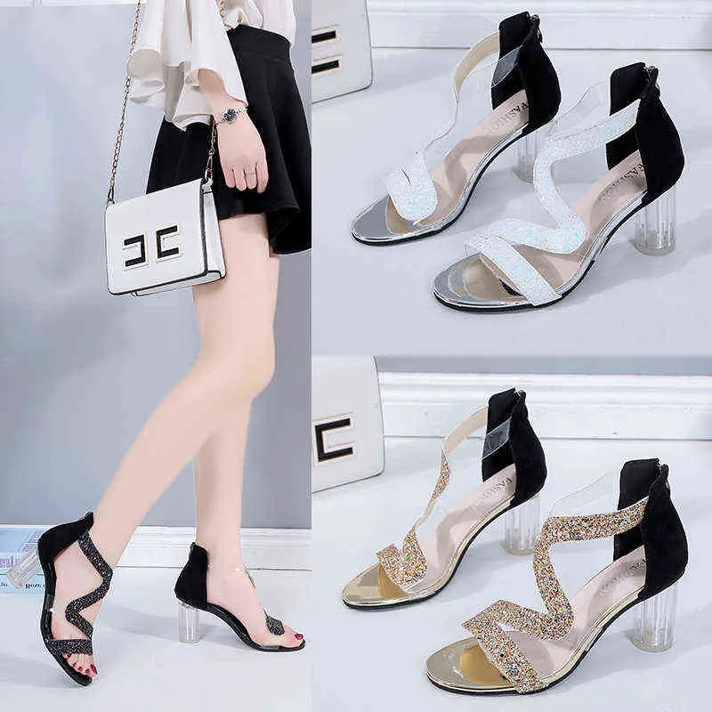 Sandals Elegant Gold Glitter Crystal Clear Heels Party Wedding Shoes Woman High Transparent Summer Sandals Pumps 220121