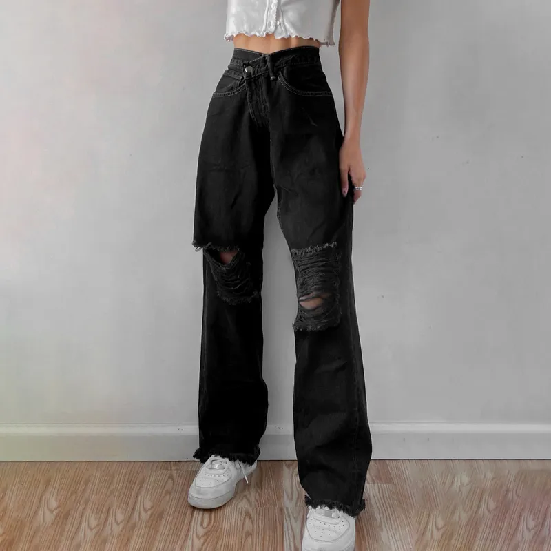 High-Rise Women's Jeans Y2K High Street Distressed Denim Pants Ripped Straight Tassel Cargo Trousers Casual Loose Mom Jean 220217