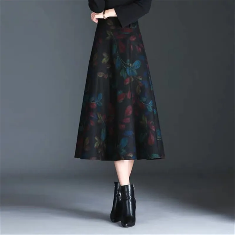 빈티지 플러스 사이즈 4xl 모직 미디 Skits 여성 우아한 가을 겨울 격자 무늬 치마 사무실 숙녀 패션 Saias Wool Prints Skits 210325
