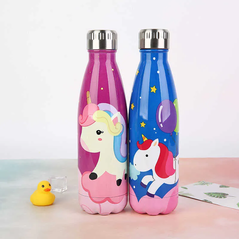 Custom Cartoon Unicorn Leuke Waterfles Thermosfles Roestvrij staal Houd Koud Cola Sport Drinkfles voor Reizen 211013